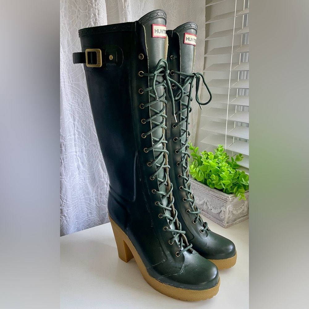 Hunter Lapins Discontinued Rare Knee High Lace Up Platform Rain Boots Size 10